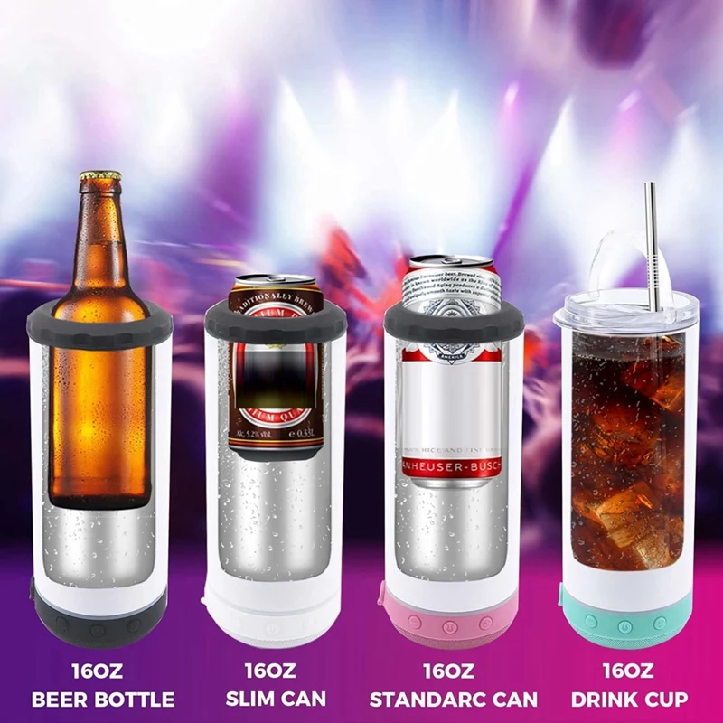 16 Oz Sublimated Blank Bluetooth Speaker Stainless Steel Insulated 4-In-1 Can Refrigerated Beer Holder