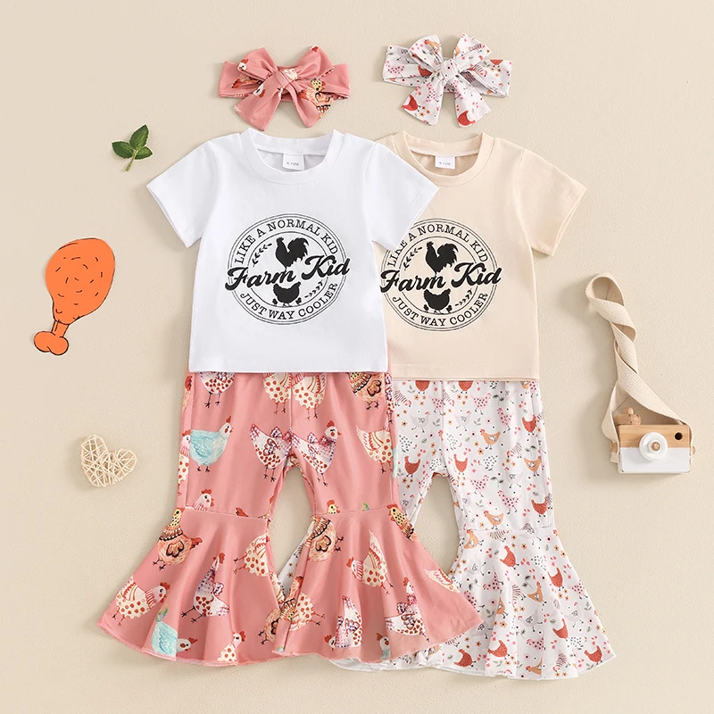 

Kids Baby Girls Summer Outfits Short Sleeve Tops + Chicken Print Flare Pants + Headband Set Toddler Infant Clothes