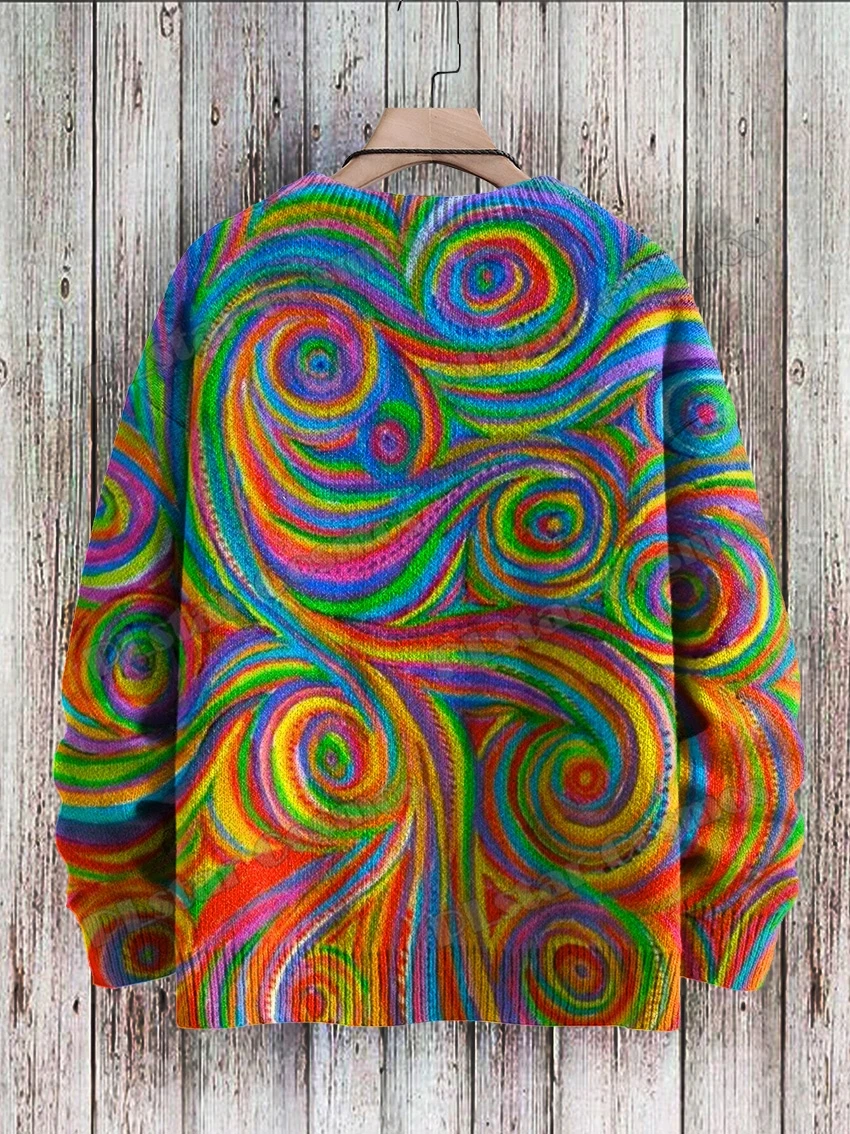 Winter Unisex Casual Knit Pullover Sweater Rainbow Colors Swirl & Nebulous Art 3D Printed Crewneck Knitted Sweaters KMY27