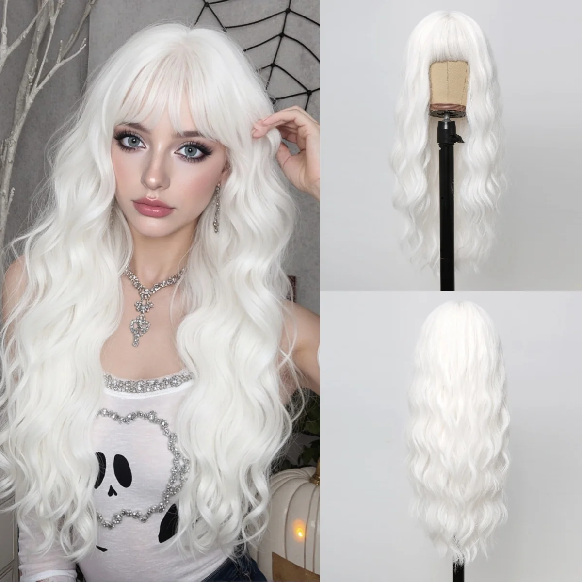 

Fashion White Synthetic Long Water Wavy Wig with Bangs Natural Wig for Women Use Cosplay Daily Party Heat Resistant Fiber