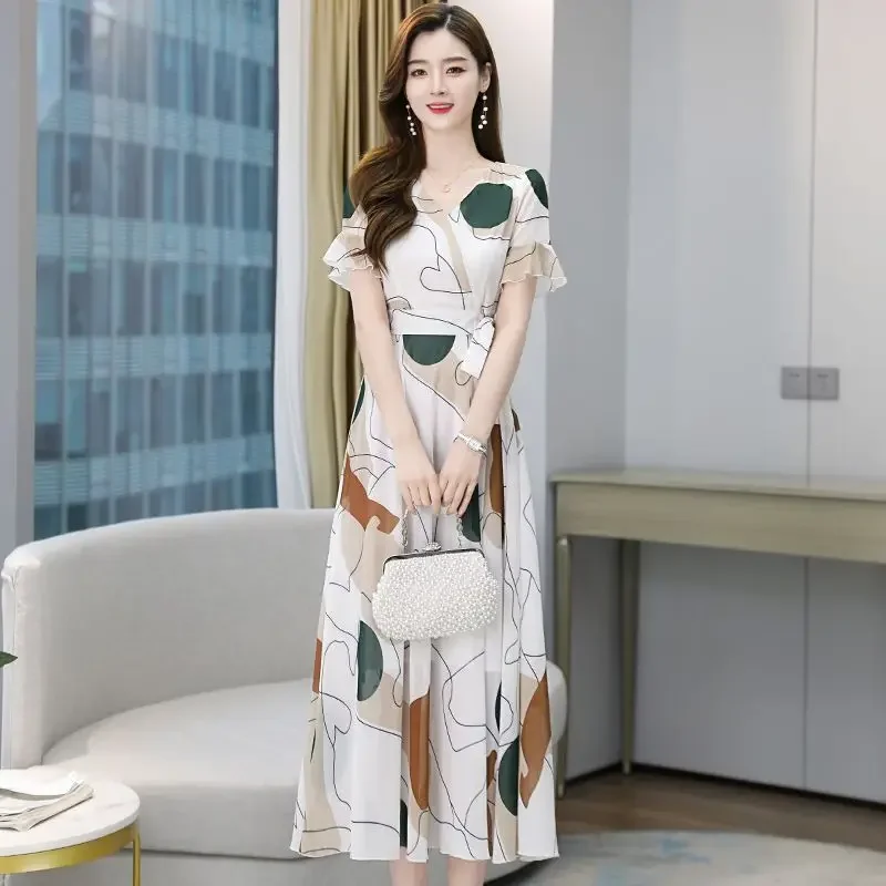 새틴 플라워 쉬폰 화이트 여성 드레스 붕대 미디 드레스 여성용 플로럴 실크 반팔 Y2k 우아한 파티 트렌디 비치