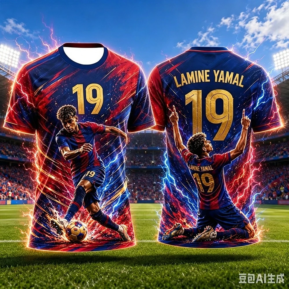 Yamal Nr. 19 Fußball 3D-gedrucktes Trikot mit Spezialeffekten, Sternenporträt, schnell trocknendes Sport-Kurzarmshirt – Detail 4
