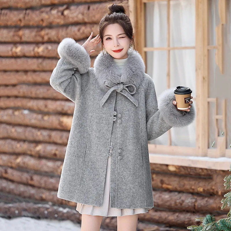 New Women Autumn Winter Down Liner Woolen Coat Fashion O-Neck Long Sleeve Wide-waisted Wool Blended Coat Casual Loose Thick Coat