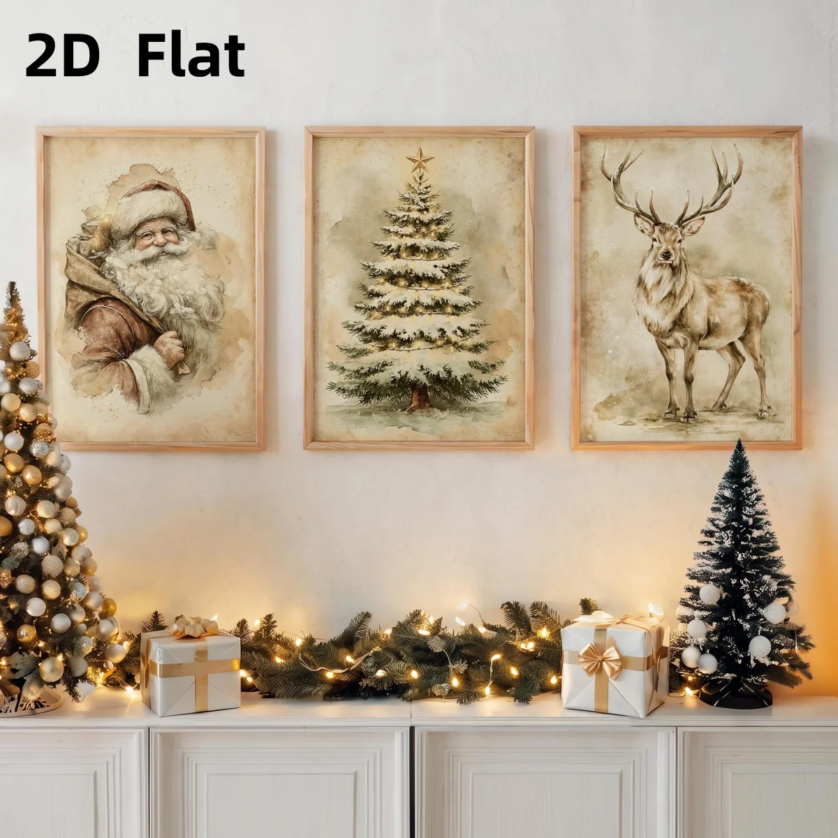 3pcs/set Vintage Pastel Christmas Canvas Print Poster Christmas Tree Santa Reindeer Rustic Neutral Art Prints Holiday Home Decor