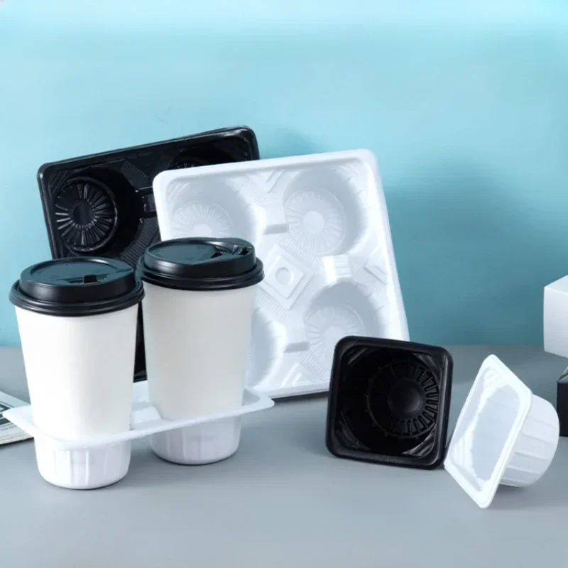 White Milk Tea Takeaway Packaging Base Coffee Cup Spill Prevention Bracket Disposable Plastic Cup Holder with Double Cup Tray