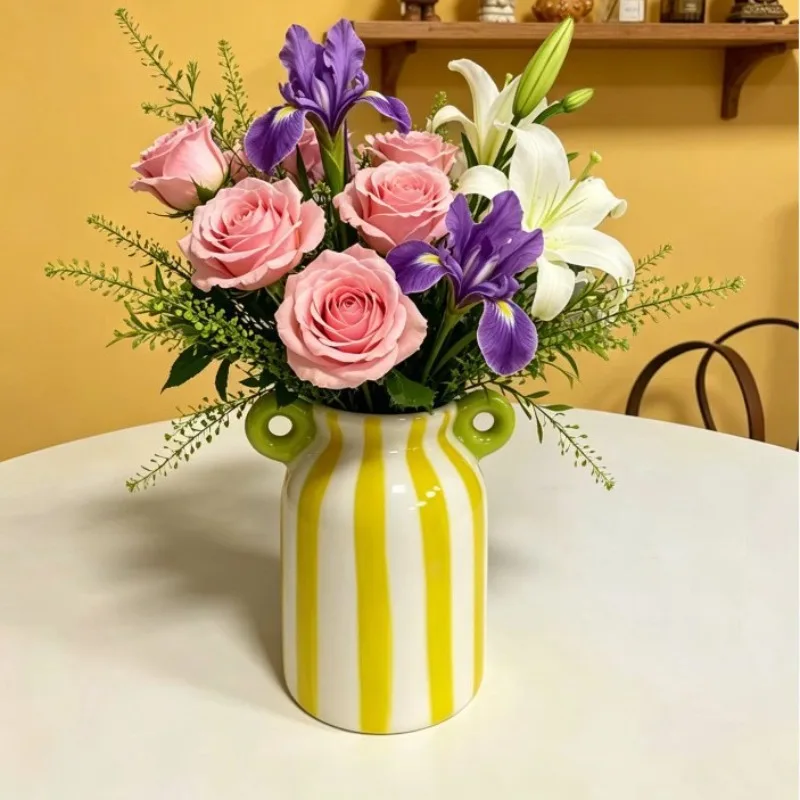 Double Eared Ceramic Striped Vase, Hand-painted Small Decorative Vase, Pampas Grass, Wide Mouthed Flower Bud Vase