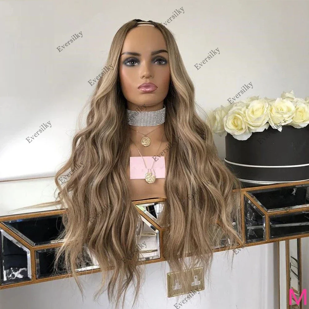 

Platinum Blonde Caramel Highlights Human Hair Wig Water Wave U Part Wigs Brazilian Remy Hair 1x4 Machine Made V Part Wig 250%