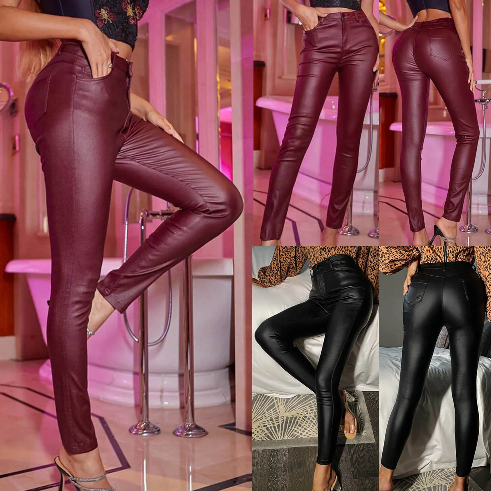 

Women's Solid Colour Casual Versatile Leather Pants Fashion High Waisted Button Skinny Trousers Vintage PU Leather Pants