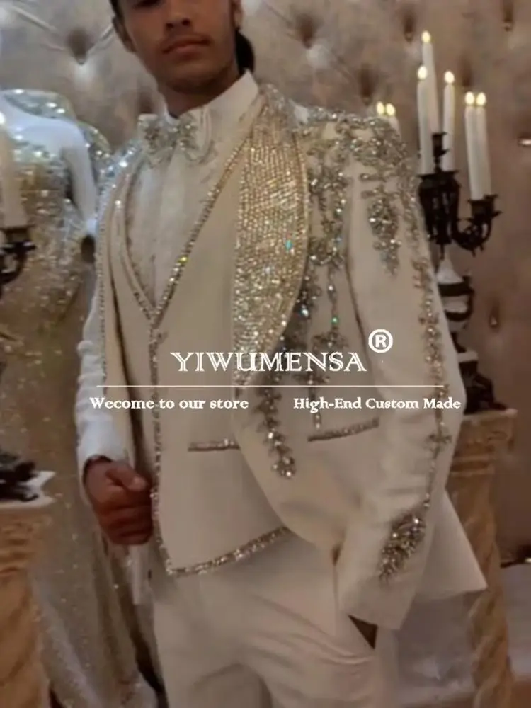 Luxury Beaded Flash Wedding Suits For Men 3 Pieces Sets Groom Tuxedos Customized Male Prom Blazers Terno Masculinos Completo
