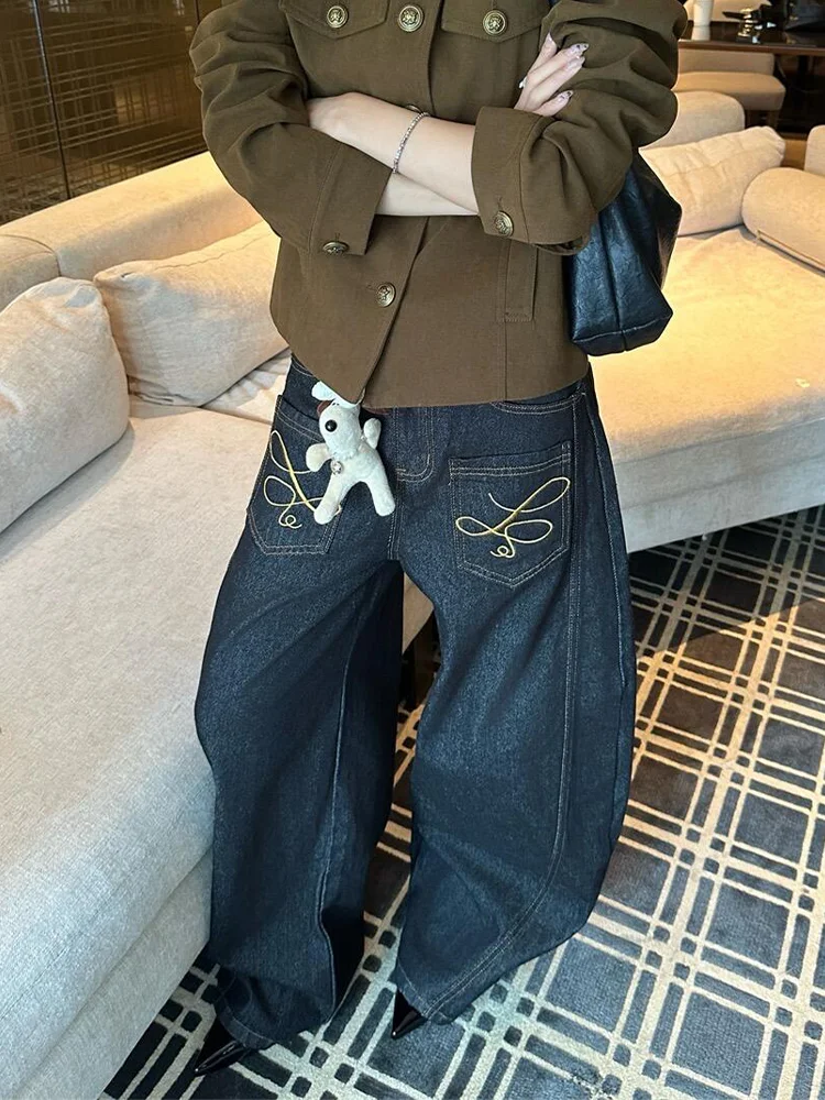 

plus Size American Black Knife Denim Jeans Women Loose Anti-Piercing Embroidered Pocket Design Straight Wide Leg Floor-L...