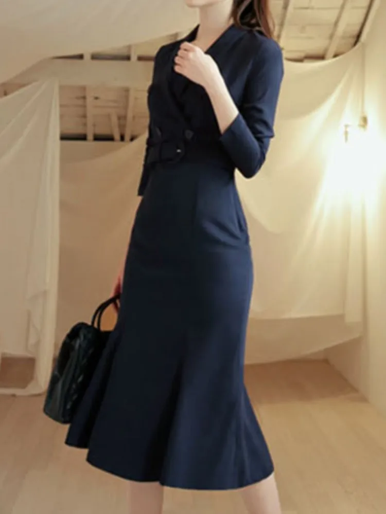 New Elegant Chic Office Women Dress Spring Long Sleeve Solid Vintage Business Belted Vestidos Female Clothes Long Party Robe