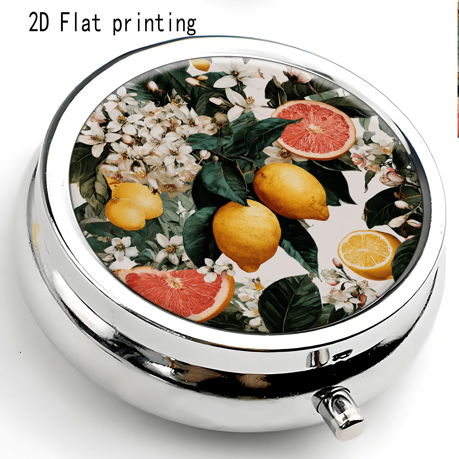 Retro Oil Painting Style Lemon, Grapefruit, Flower, Fruit, and Plant Motifs, Round Three-Compartment Small Medicine Box, Portable Medicine Storage, Small Jewelry Storage, Suitable for Handbags or Travel, Holiday Gifts, Souvenirs, Prizes, Small Gifts, Suitable for Personal Use or as an Exquisite Gift Option