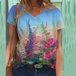 Summer Flower Floral 3D Print T-shirt Women Streetwear Hawaii T Shirts Y2k Tops Woman Harajuku V-Neck Tees Oversized Clothing