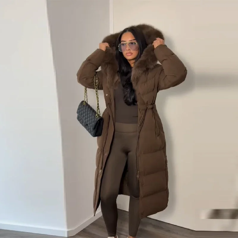 Thicken Faux Fur Collar Cotton Overcoat Women Elegant Hooded Drawstring Cinched Waist Slim Coat 2026 Warm Winter Parka Outerwear