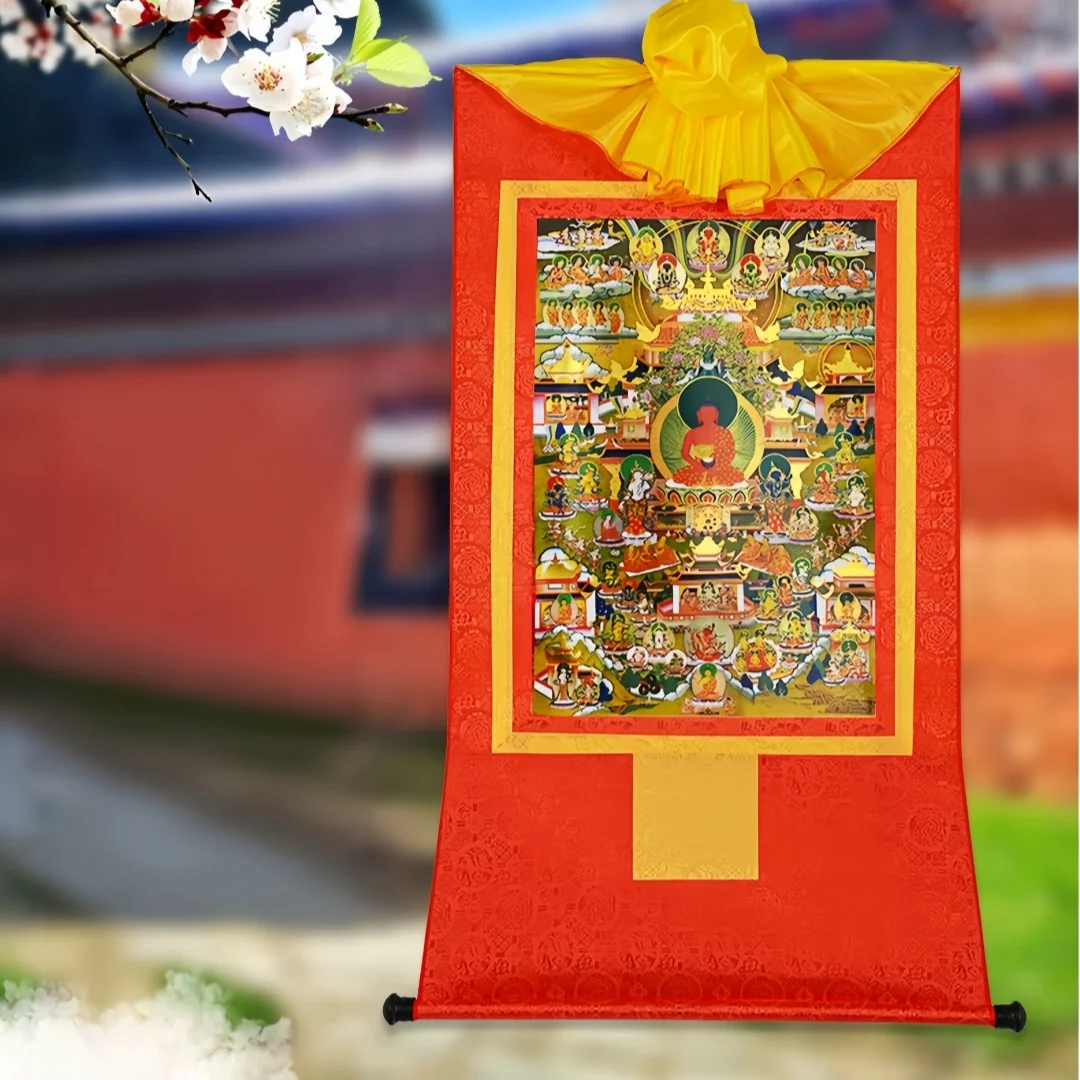 Exquisite Amitabha Pure Land Gilded Thangka Wall Art, Vibrant Silk Brocade Scroll for Peaceful Meditation Study Room