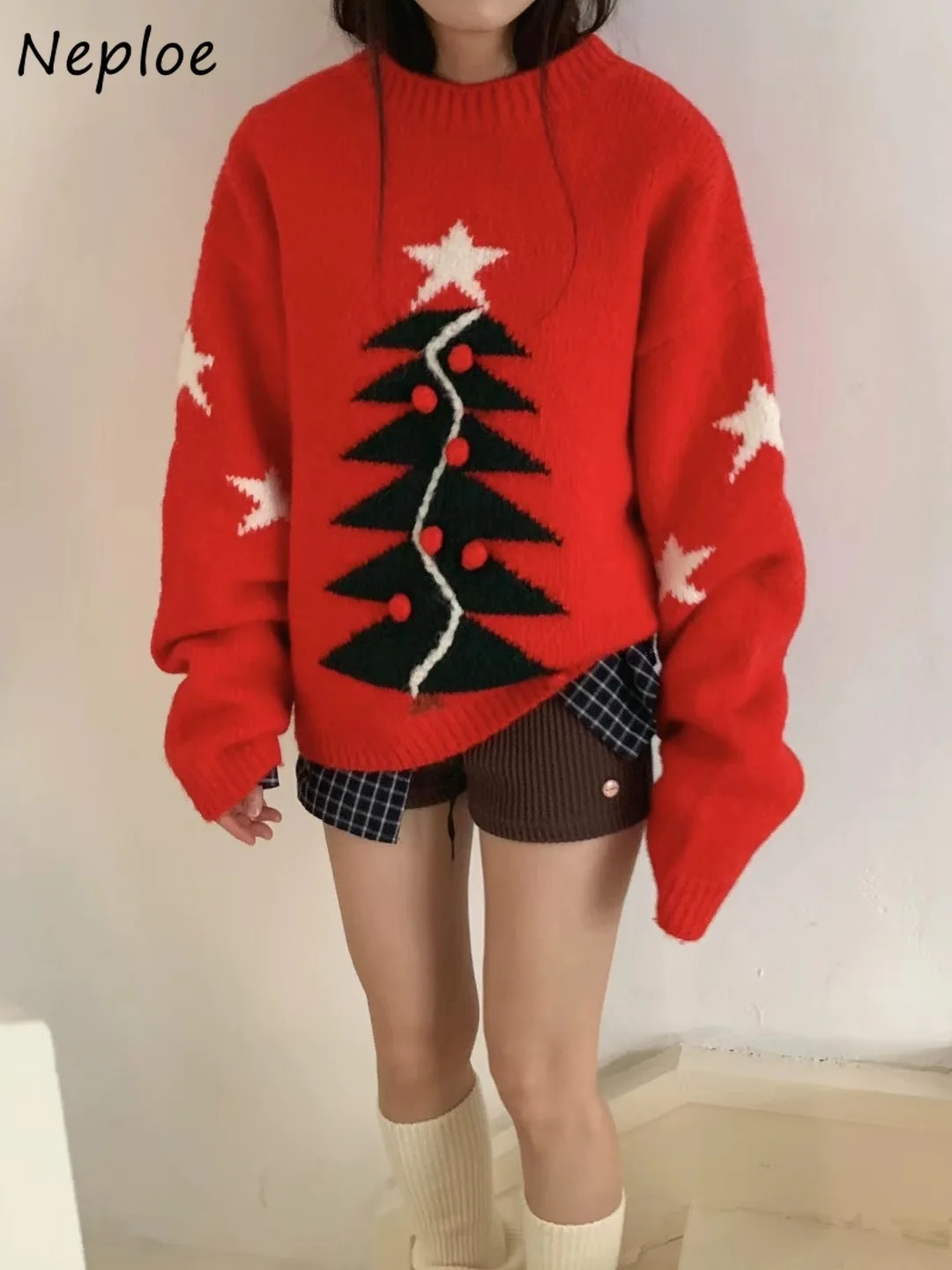 Neploe Korea Chic Y2K Harajuku Loose O Neck Knitted Lovely Playful Age Reduction Tops Christmas Panelled Knit Minority Jumper