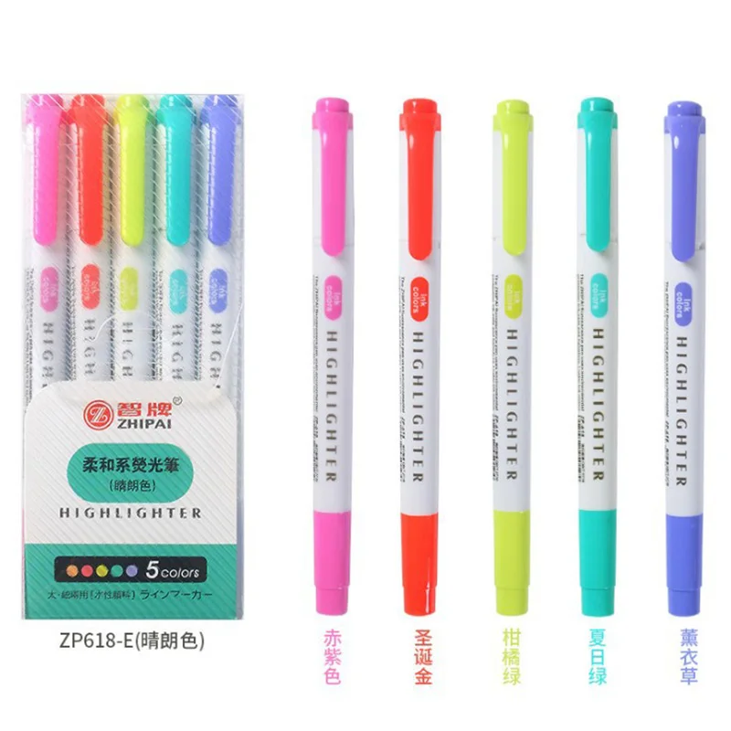 

5 Colors/Set Double Headed Highlighter Pen Set Fluorescent Markers Highlighters Pens Art Marker Japanese Cute Kawaii Stationery