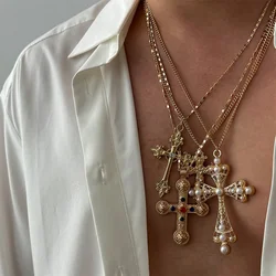 4Pcs/Set Zircon Cross Pendant Necklace Set for Women Vintage Adjustable Gold Color Long Chain Statement Y2K Jewelry