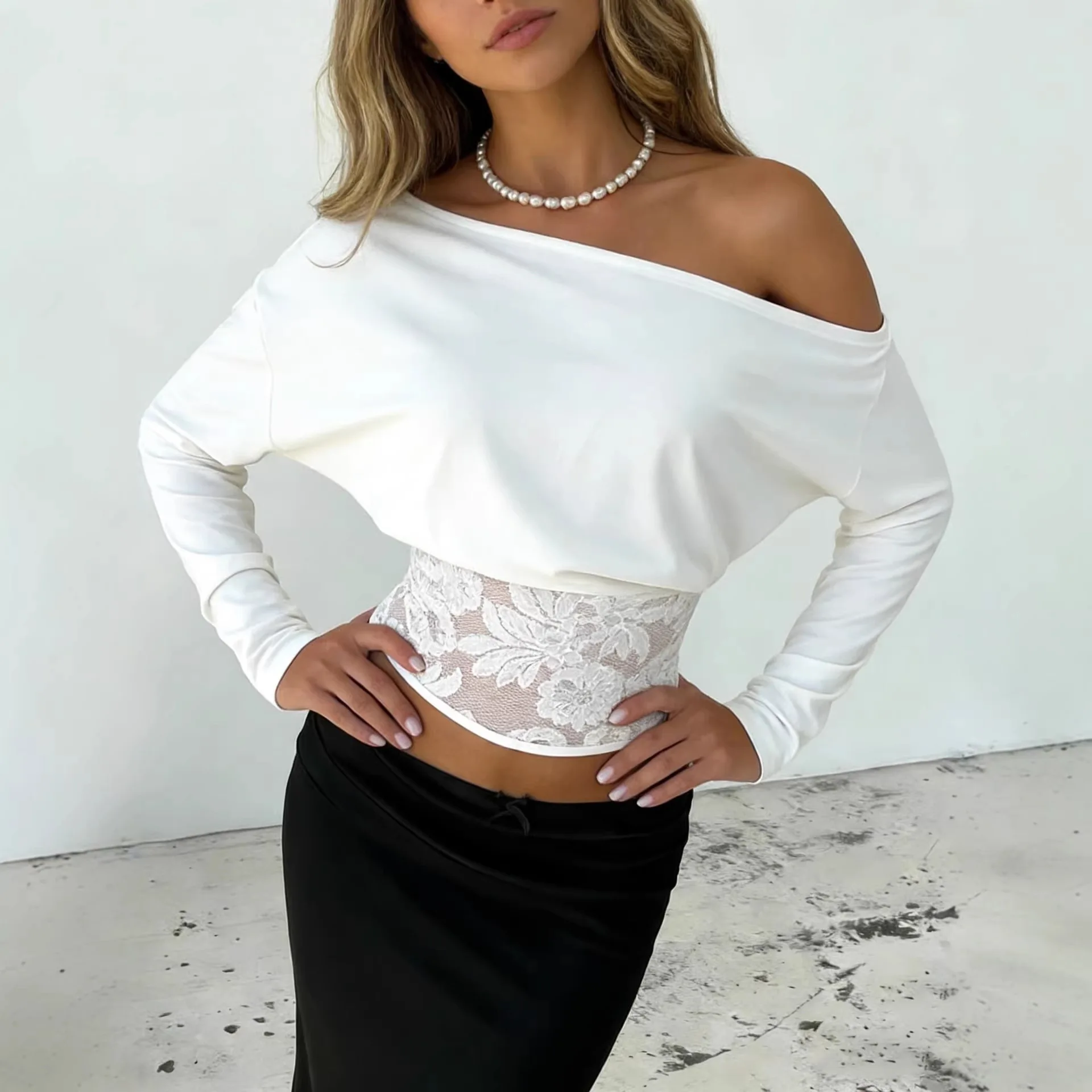 Women's New Ribbed Knit Lace Patchwork Off Shoulder Long Sleeve Ruched Waist Sexy Versatile Soft Comfortable Daily Wear T-shirt