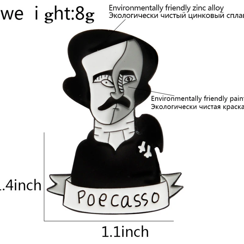 Забавный художественный стиль эмалевый значок Эдгара Аллана Poe Двухсторонний черный стиль Мужская искусственная шляпа рюкзак рубашка воротник ювелирные изделия