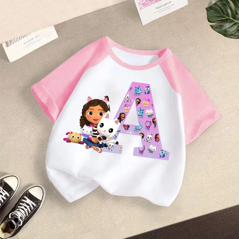 

Gabby Dollhouses Girls T Shirt Short Sleeve Tee Children Splicing Cotton Clothes Cartoon Letters Top Clothes Kids Birthday Gifts