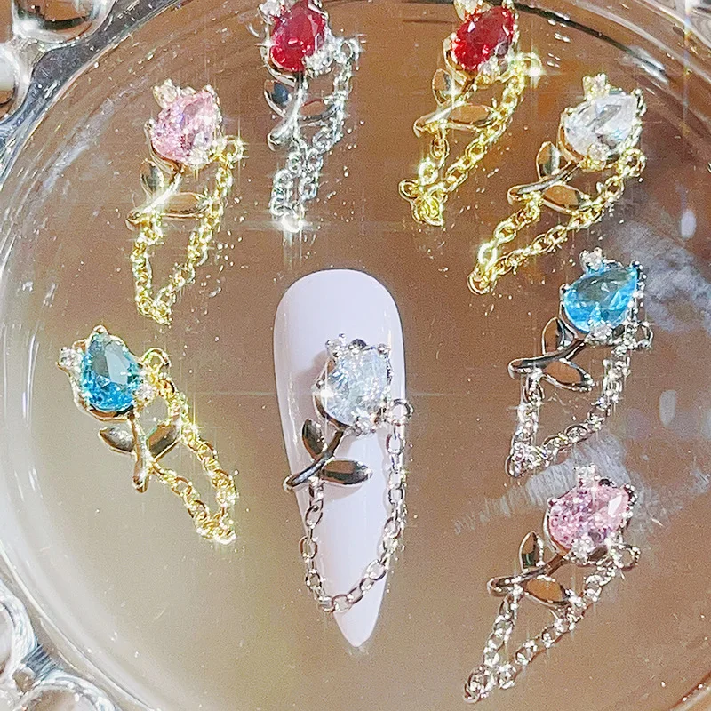 5Pcs Nail Art Dangle Designs Charms Zircon Tulip Chain Design Multi-Colors Luxury Nail Art 3D Accessories For Manicure Jewelry