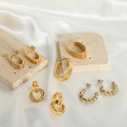 Trend Stainless Steel Hoop Earrings for Women Fashion 3-Layer Twisted Earrings Female Simple Accessories Gold Plated Jewelry