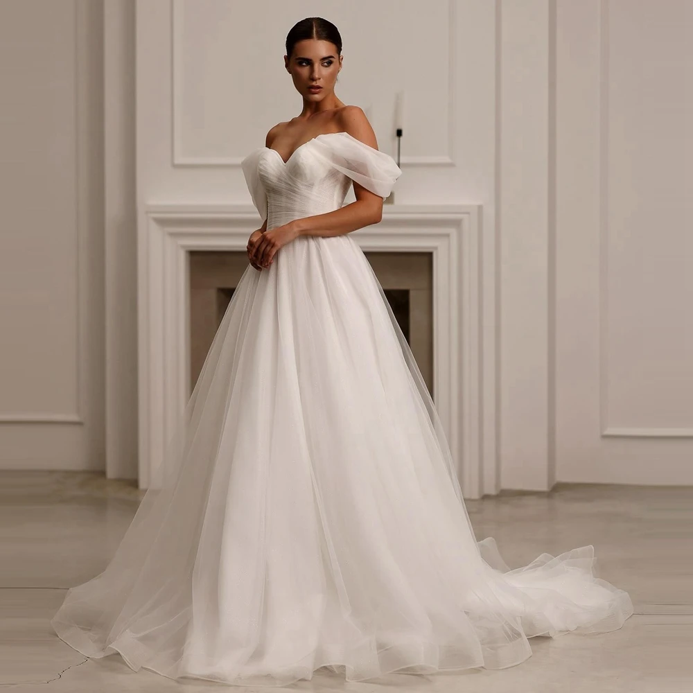 

Элегантное свадебное платье А-силуэта с открытыми плечами, сетчатыми вставками, пышными тюлевыми оборками и многоярусной юбкой, шикарное вечернее платье для торжественных мероприятий