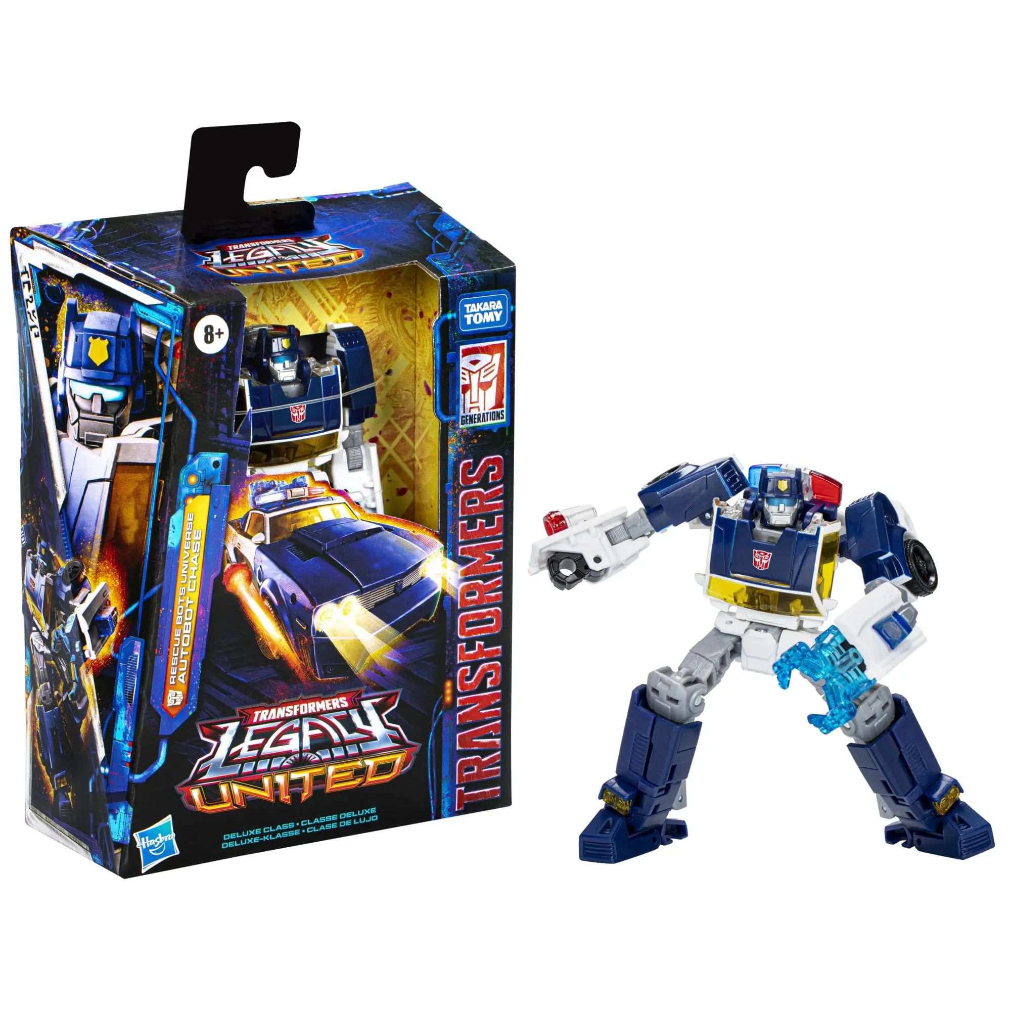 Transformers Legacy United Deluxe Class Rescue Bots Universe Autobot Chase, figura de acción convertidora de 5,5 pulgadas, 8+