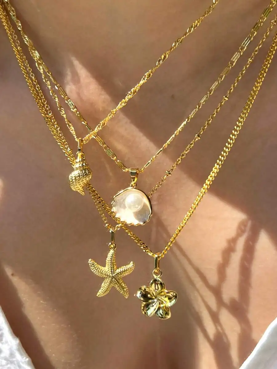 

4-Piece Layered Shell Starfish Pearl Flower Pendant Necklace Set Vintage Bohemian Beach Style