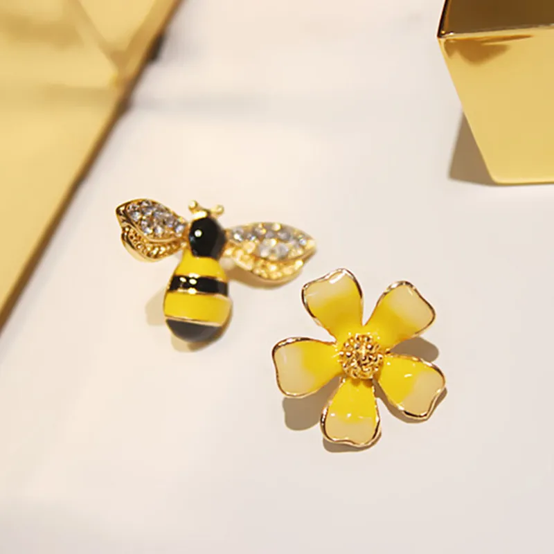 2026 Cute Hot Flower Bee Asymmetric Earrings Zircon Earrings Wholesale Fashion Jewelry Punk Stud Earrings For Women Girls Gift