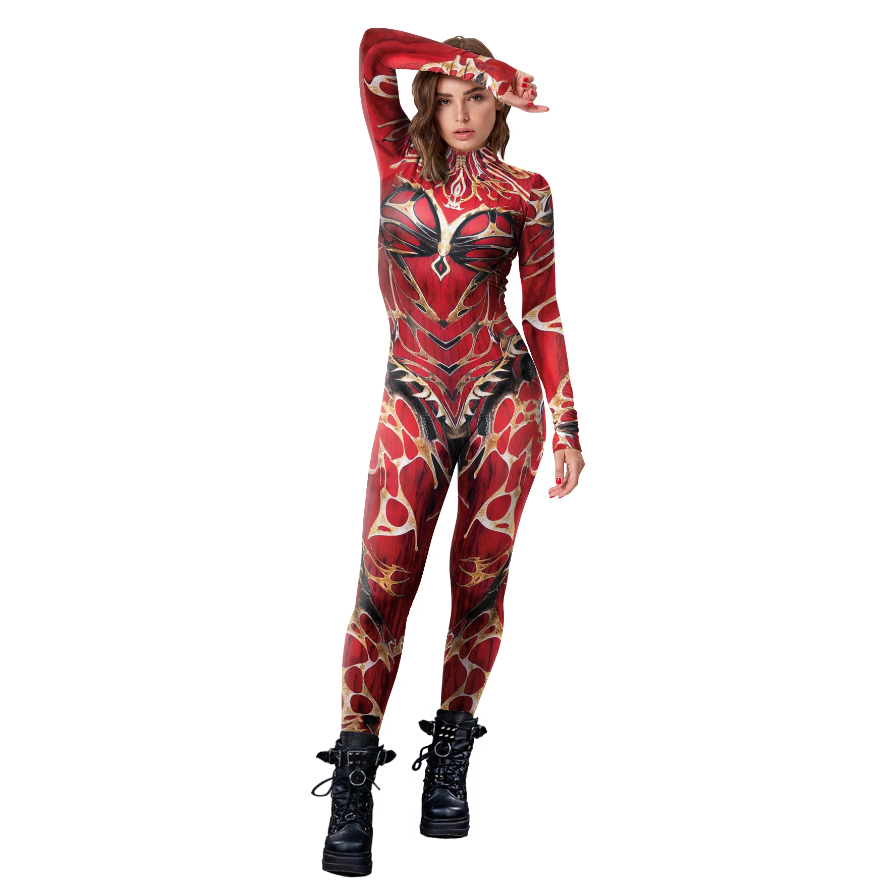 VIP FASHION Carnival Purim Costume Women Cosplay Jumpsuits Funny Red Punk Print Zentai Suit Female Spandex Holiday Party Clothes