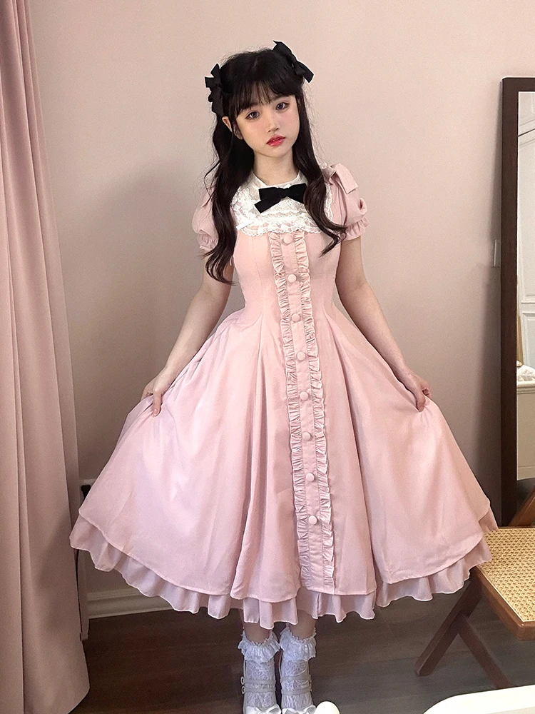 Lolita-Robe Longue en Dentelle OP pour Femme, Vêtement Rétro, Classique, Col Évasé, Volants Courts, Simple Boutonnage, Taille Haute, Slim, Ligne A, Douce