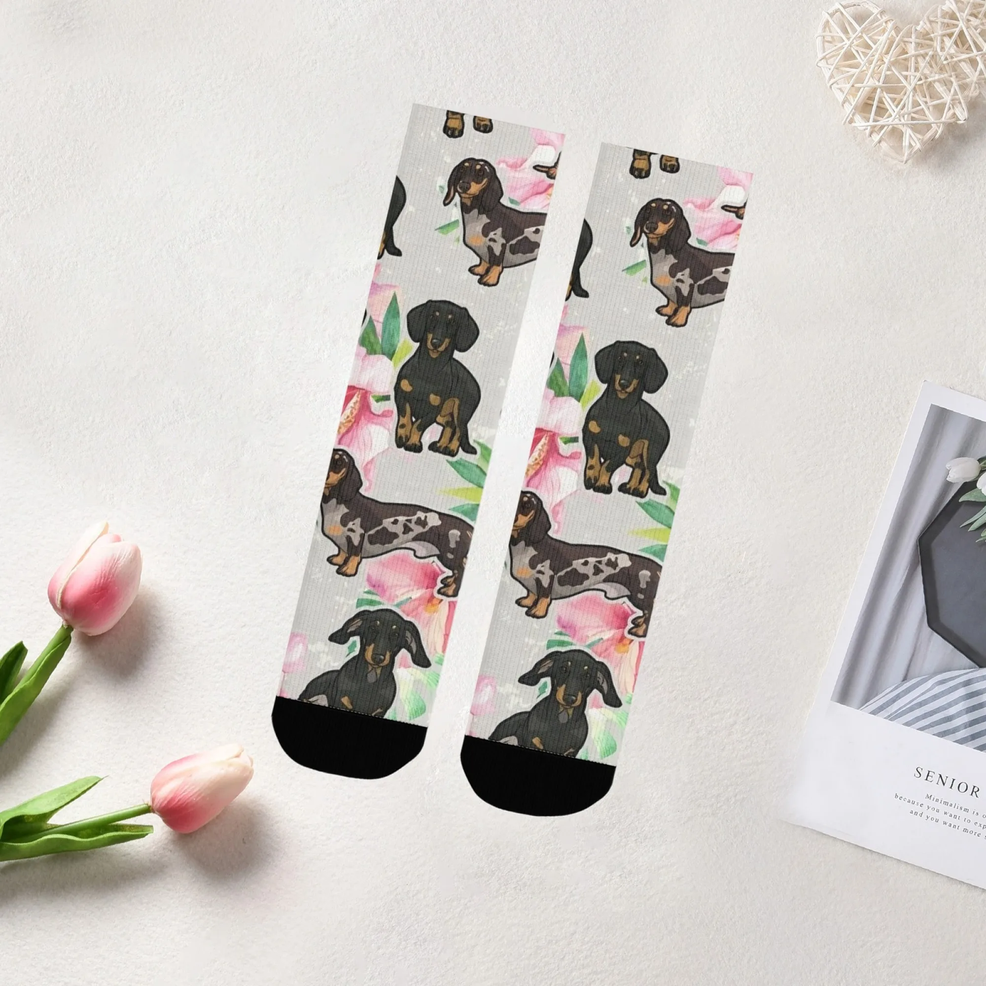 1 Paar lustige Dackel-Hunde-Männersocken, niedliche Retro-Harajuku-Socken mit schwarzen und braunen Hunden, elastische Crew-Socken für Männer, Neuheitsgeschenk für Hundeliebhaber