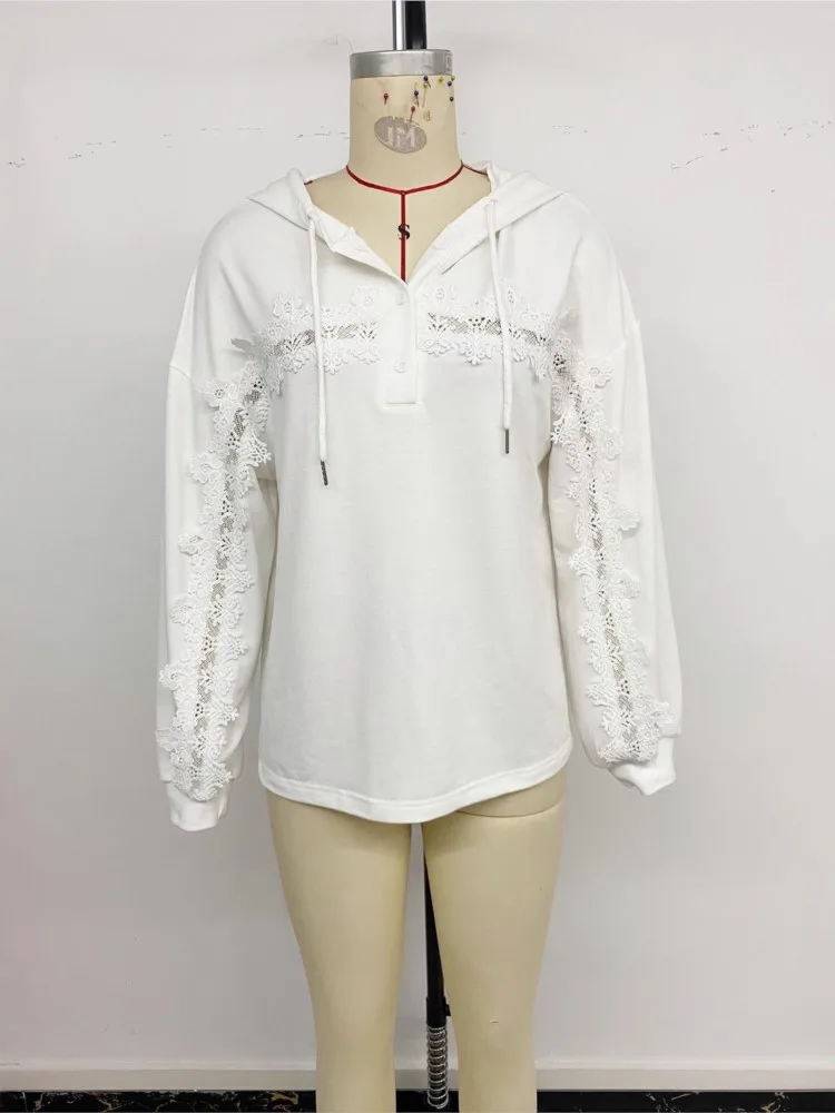 

2025 Autumn Pullovers Hoodie Hoodies Fall Clothes Tops For Woman Hooded Lace Patchwork Simple Style All-match Casual Commuting