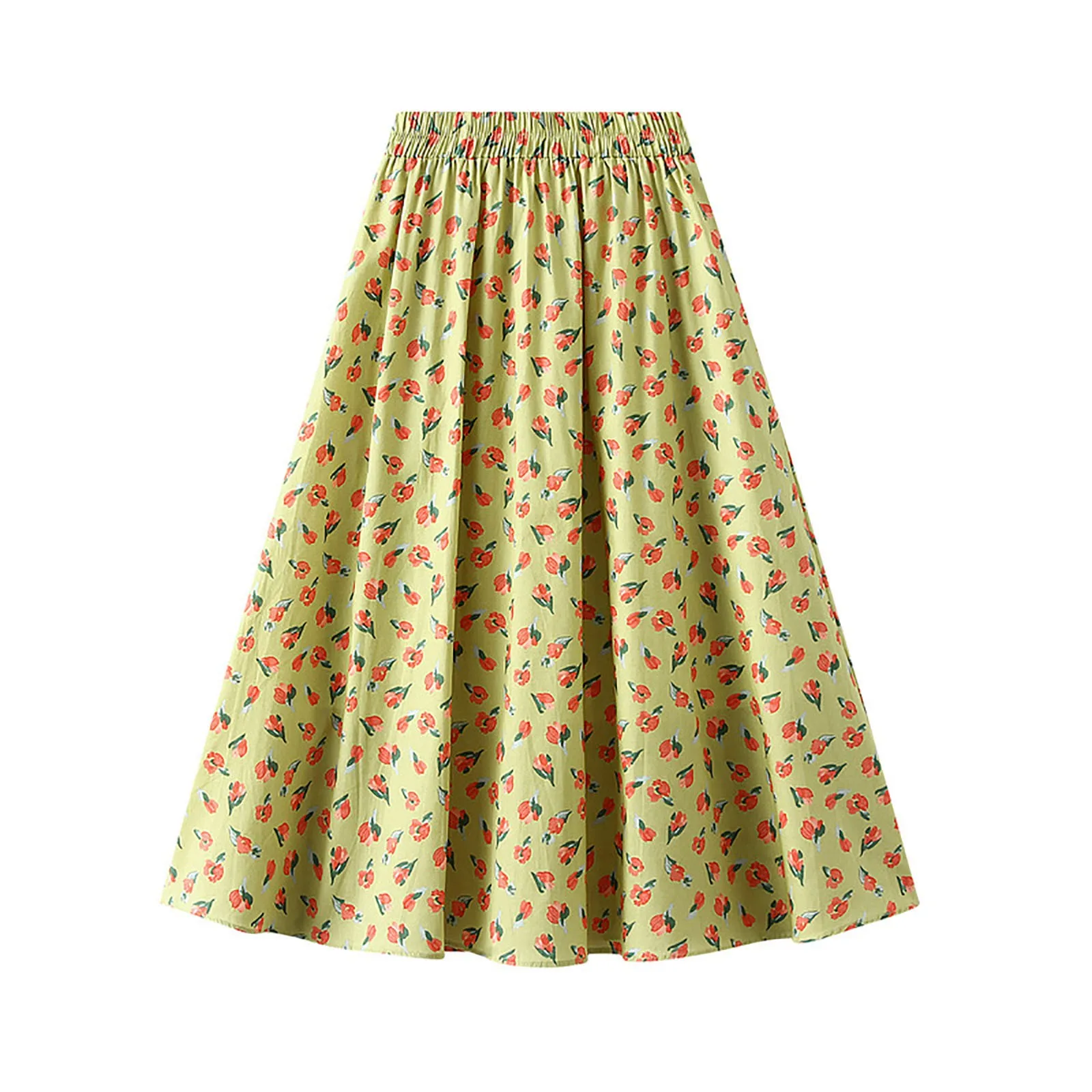 New Stylish Floral Printed Tulle Mi-long Women Skirts High Waist Loose Female Umbrella Skirts Ladies Spring Summer