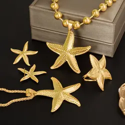 1pcs/Set Big Starfish Ocean Series Stainless Steel Necklace/Earring/Ring For Women Punk Gold Plated Jewelry No Fading Party Gift