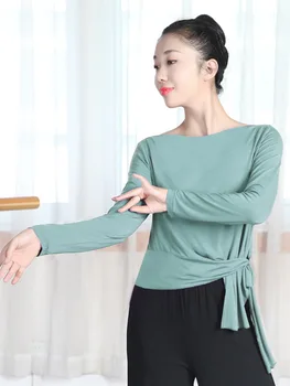 Katı renk Latin dans uygulama üstleri spor kostüm kadın vals klasik bandaj rekabet göbek giyim düzensiz caz T-shirt