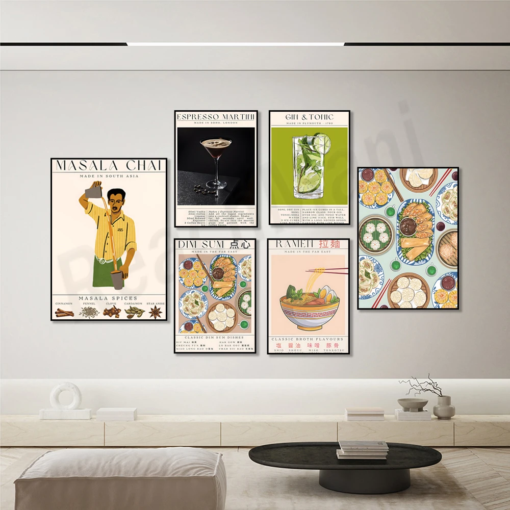 Dessert art, dumplings poster, espresso martini, ramen, pasta and wine, alcohol poster, modern kitchen decor, Chinese food art