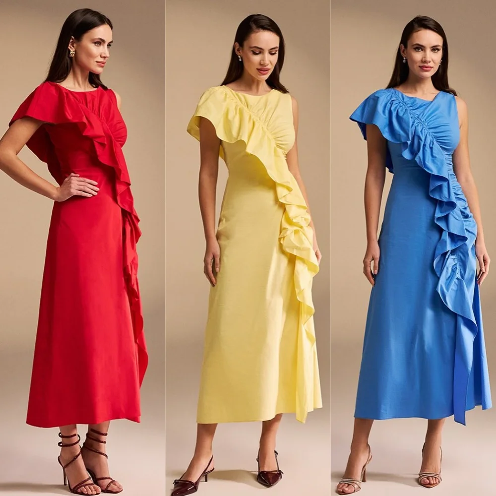 Jersey Draped Pleat Ruched Birthday A-line O-Neck Bespoke Occasion Gown Midi Dresses