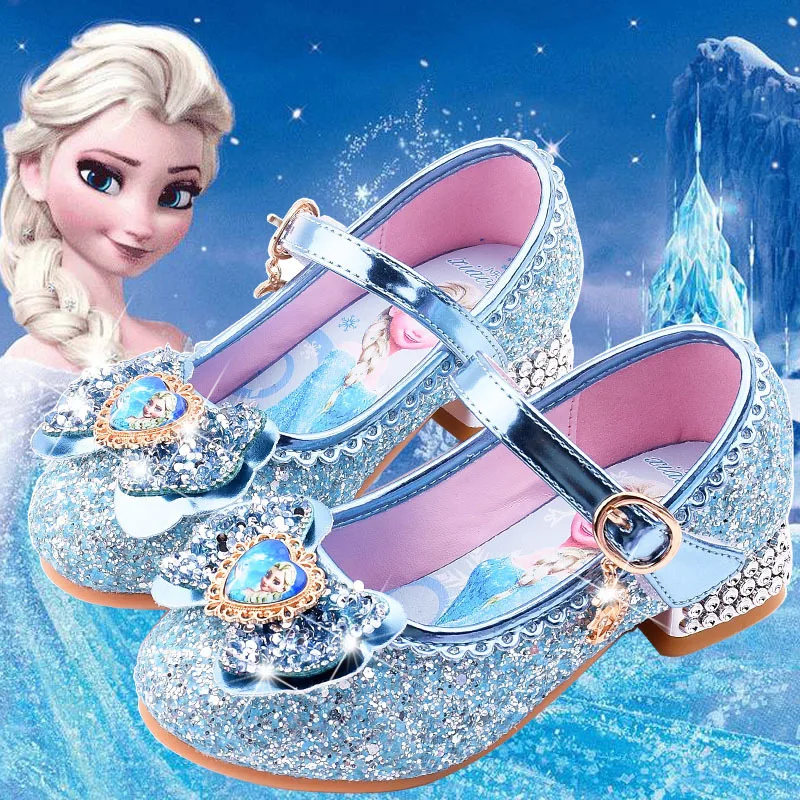 

Детские туфли Disney Frozen Princess Elsa, кожаные туфли с бантом для девочек, детские туфли на высоком каблуке, блестящие танцевальные туфли с кристаллами для вечеринок
