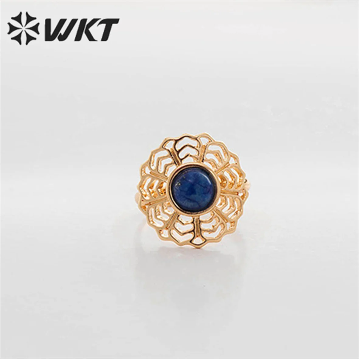 WT-R397 WKT Fairy Stainless Steel Resizable Ring Hollow Flower Matching Lapis Stone For Ladies Jewelry Open Ring Wholesale