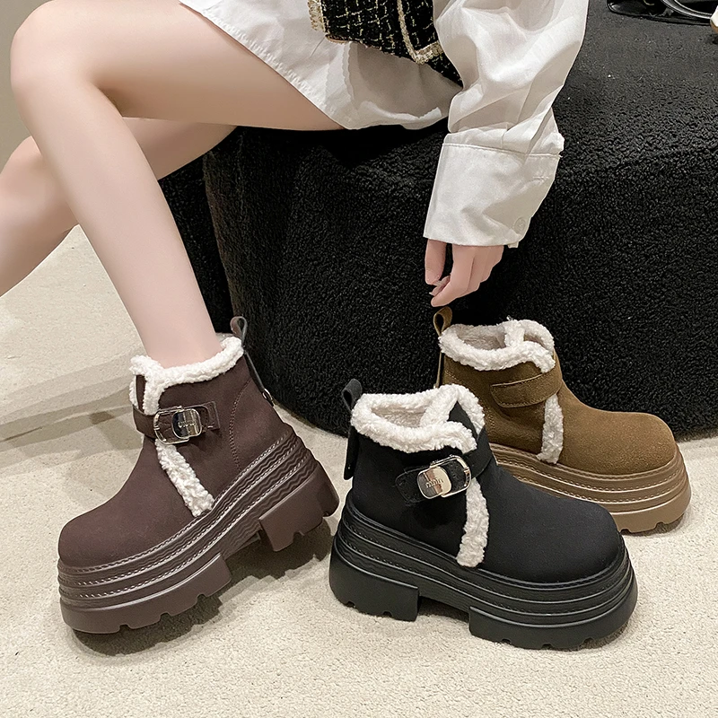 New Women Winter Warm Snow Boots 10CM High Platform Short Booties Designer Suede Leather Cotton Shoes Woman Ankle Botas Mujer