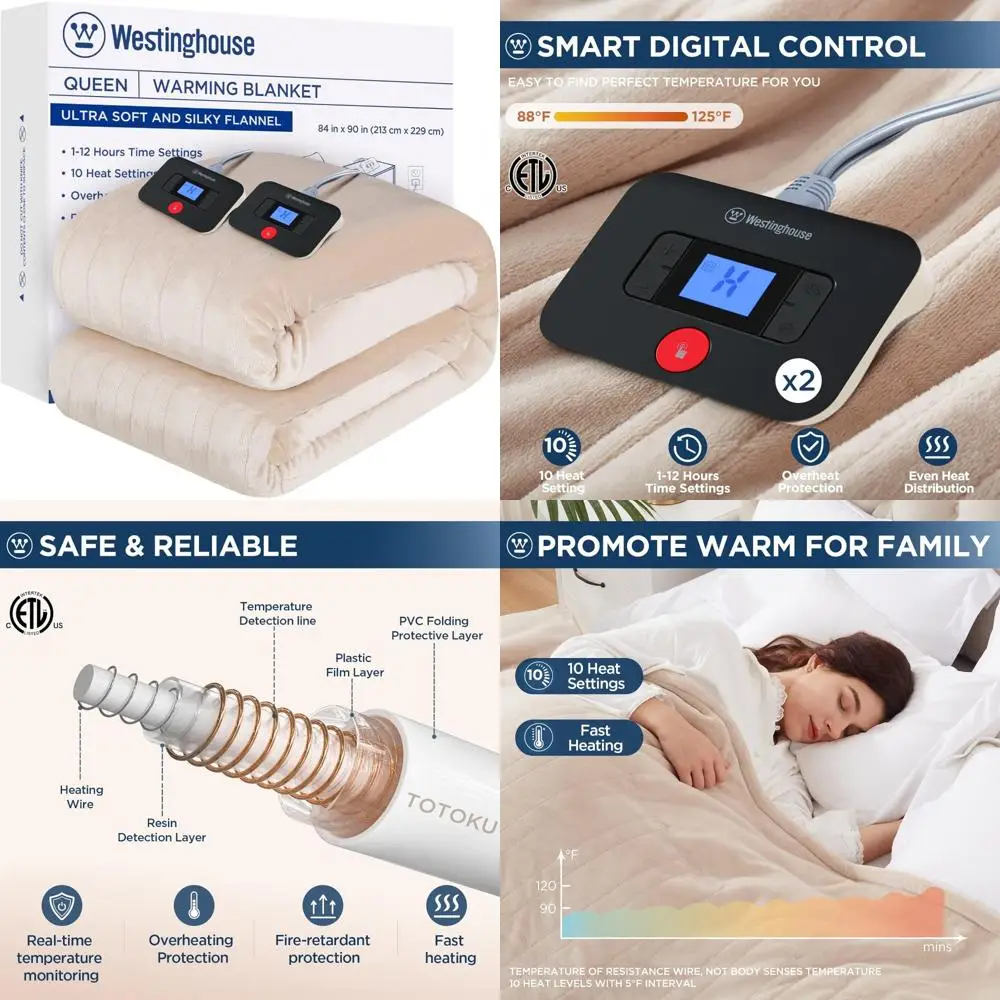 

Электрическое одеяло Westinghouse размера Queen — ультрамягкая фланель, 84x90, 10 режимов нагрева, таймер автоматического выключения