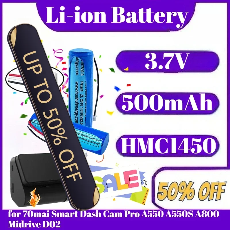 

3.7V 500mAh Li-ion Battery for 70mai Smart Dash Cam Pro A550 A550S A800 Midrive D02 HMC1450 Replacement Battery 3-wire
