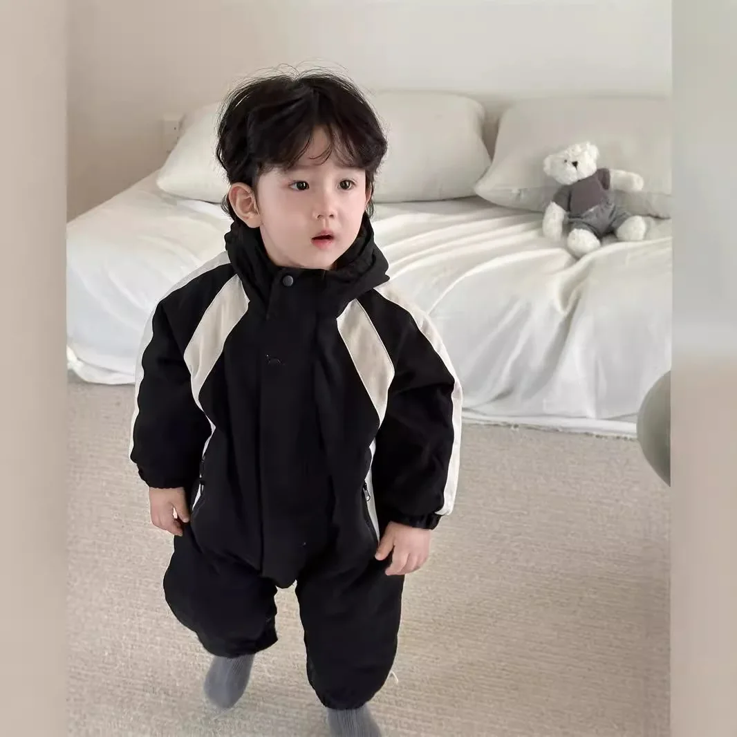 Baby Outdoor Clothing Autumn Baby Jumpsuit 2024 New Korean Children Clothing Boys Patchwork Hooded Rompers