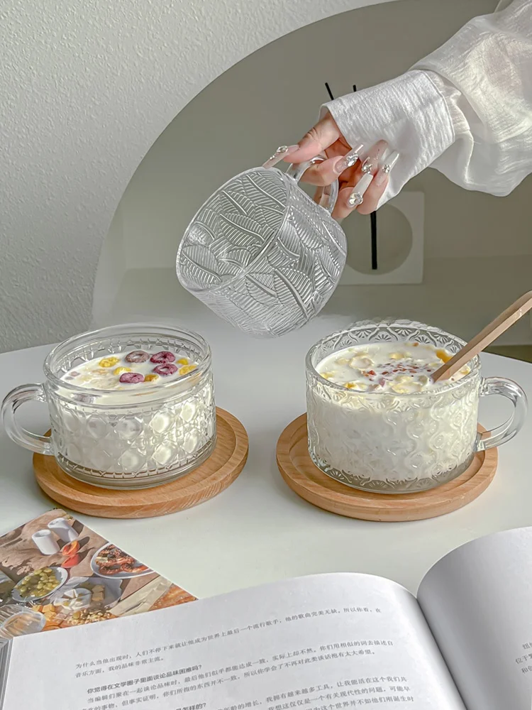 

Стеклянная чаша для завтрака Suower Relief Oaeal с ручкой и ложкой, большая емкость, в корейском стиле, для ежедневного использования, столовые приборы