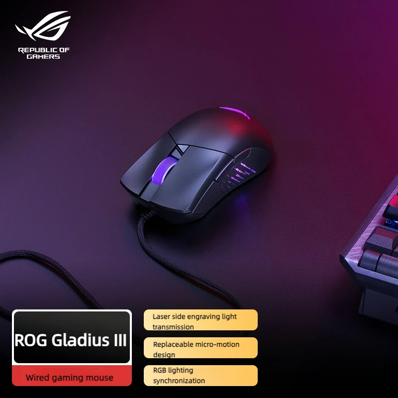 ASUS ROG Gladius III Wired Gaming Mouse, 19K Optical Sensor, 19,000 DPI, 6 Programmable Buttons, RGB Lighting