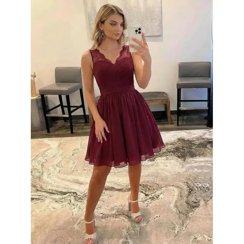 Burgundy Chiffon Lace Bridesmaid Dresses Pleat V Neck Short Formal Wedding Evening Party Prom Gown For Bride Cocktail Vestidos