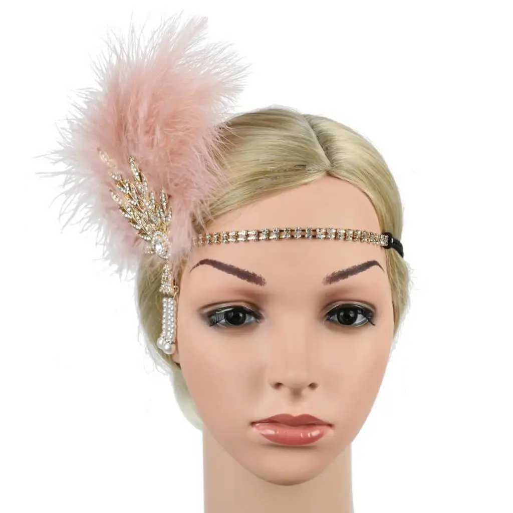Women’s Vintage Flapper Headband Rhinestone Feather Fascinator Headdress Hair Accessories for Wedding and Party